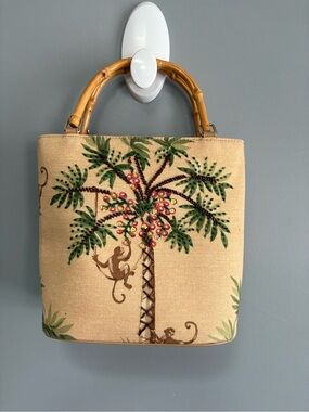Tropical Palm Tree Monkey Embroidered Bucket Tote Beige Wooden Handles